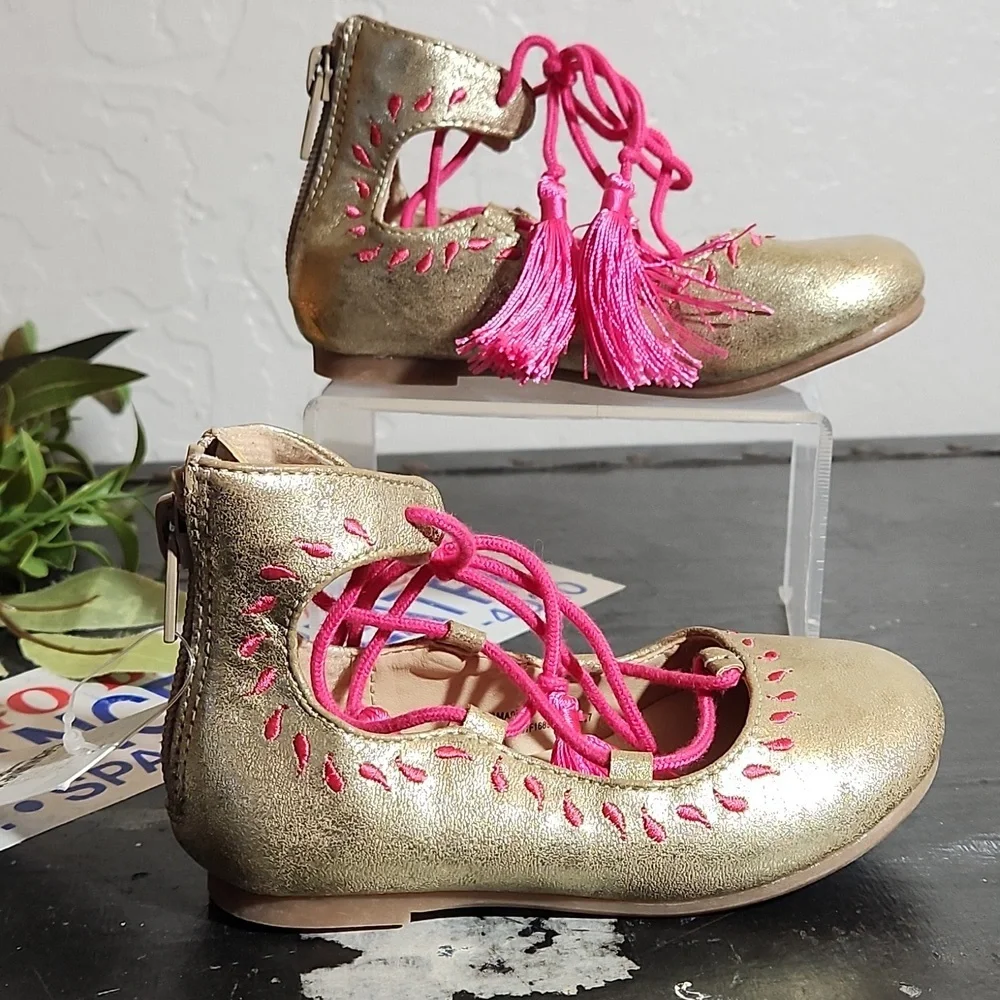 GENUINE KIDS Oshkosh B'gosh Gold Pink Tassle Tie Heel Zipper Shoe 7